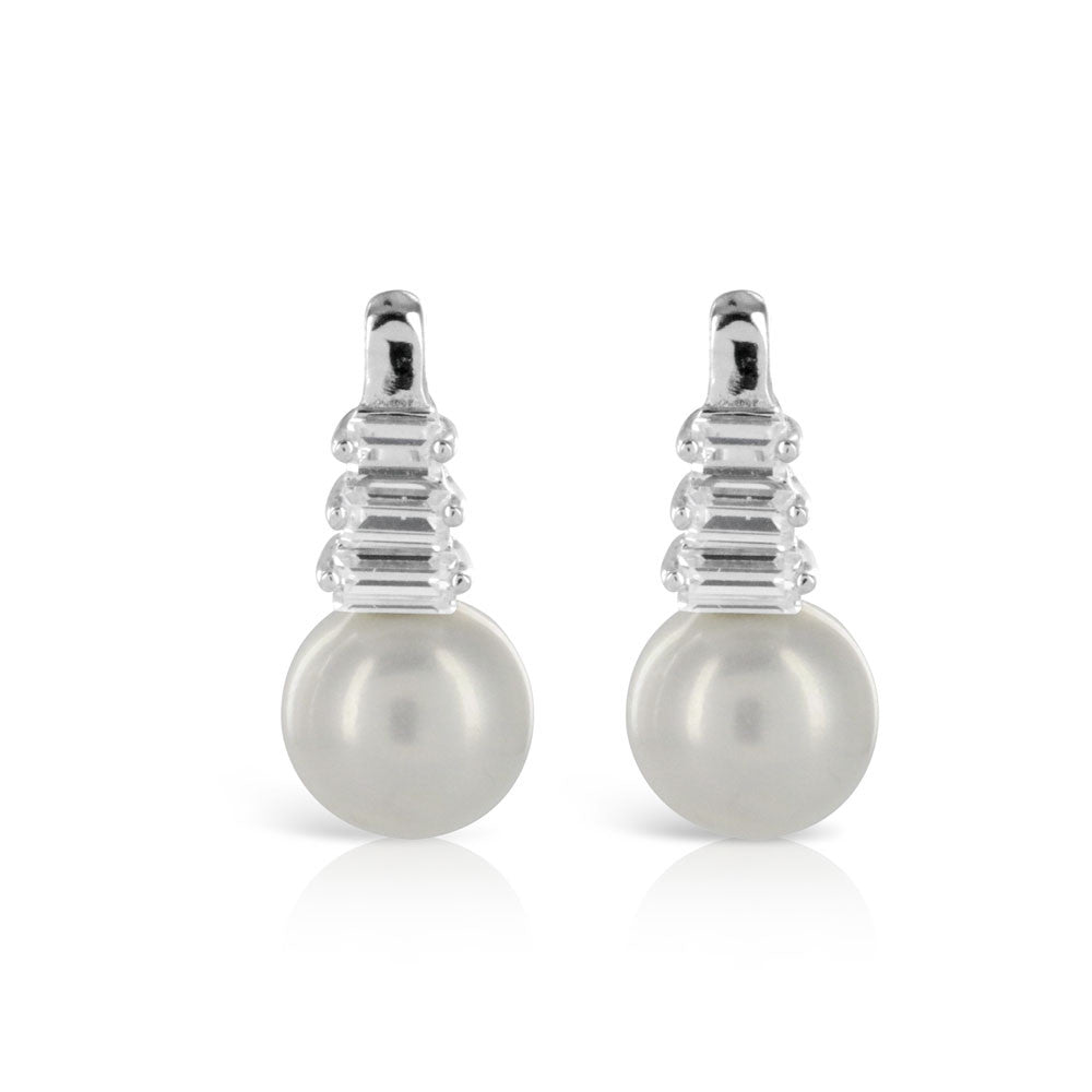 Silver Pearl and Baguette Earrings - www.sparklingjewellery.com