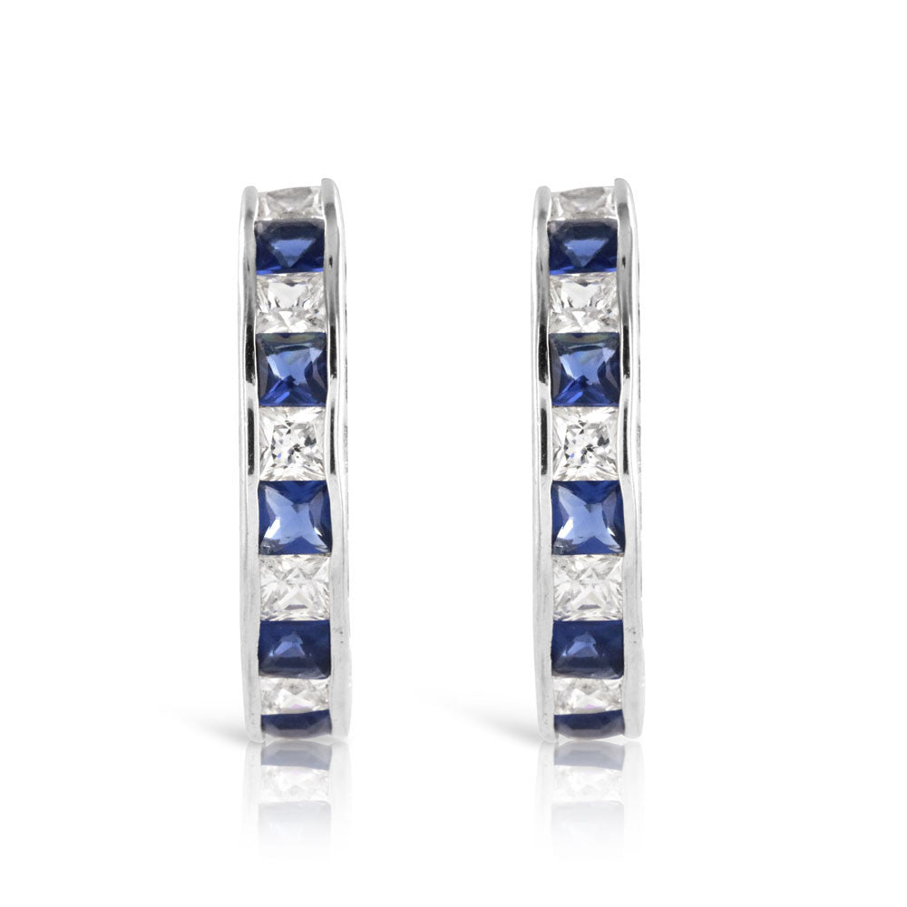 Sapphire Blue and Diamond Silver Half Hoop Earrings - www.sparklingjewellery.com