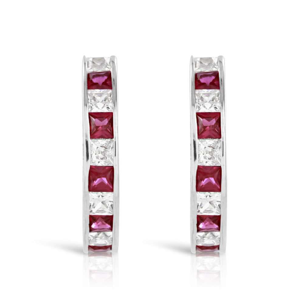 Sterling Silver Ruby Half Hoop Earrings - www.sparklingjewellery.com