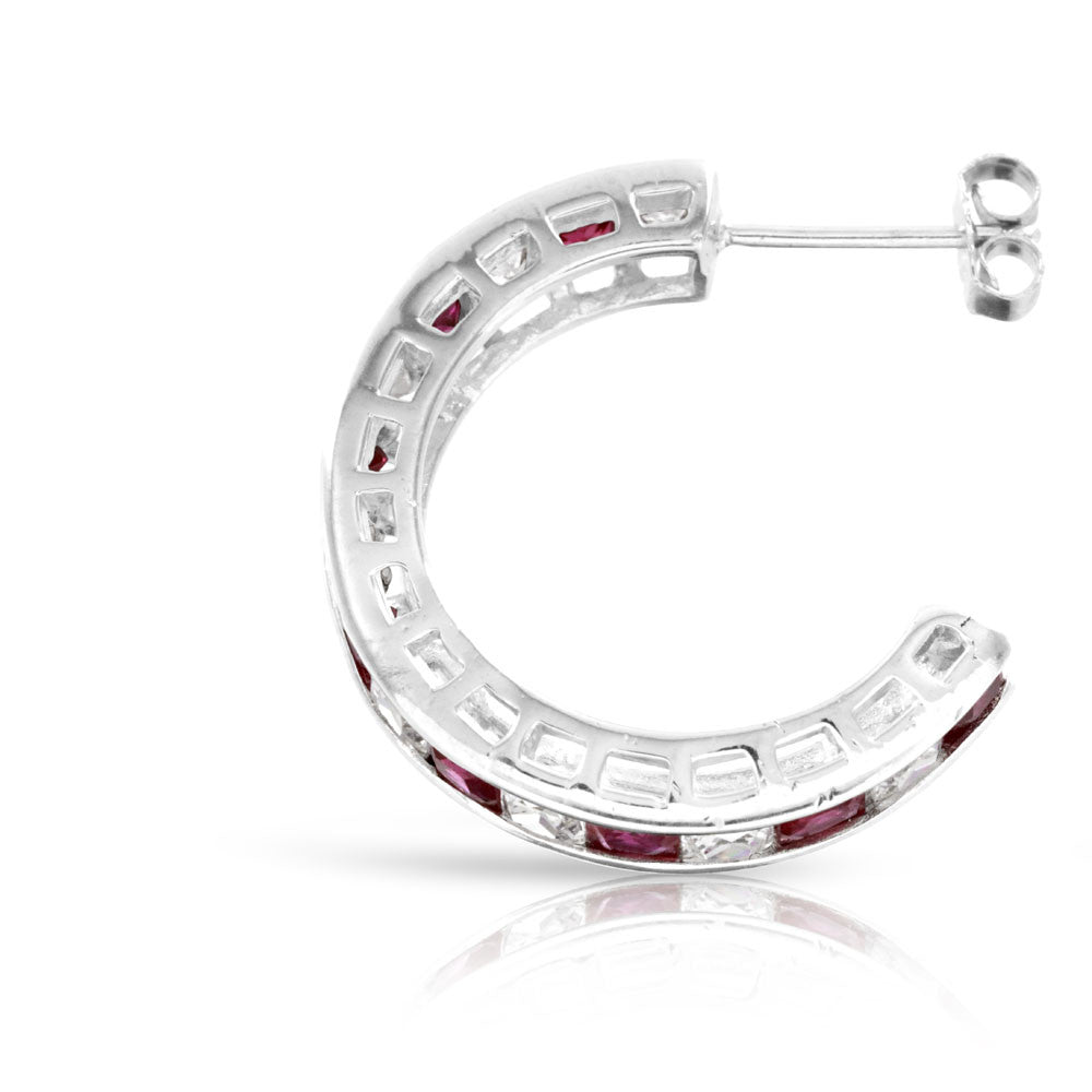 Sterling Silver Ruby Half Hoop Earrings - www.sparklingjewellery.com