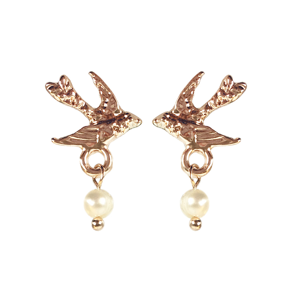 Rose Gold or Silver Bird with Pearl Earrings - www.sparklingjewellery.com