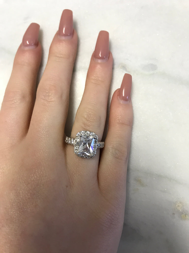 Emerald Cut Halo Silver Engagement Ring - www.sparklingjewellery.com