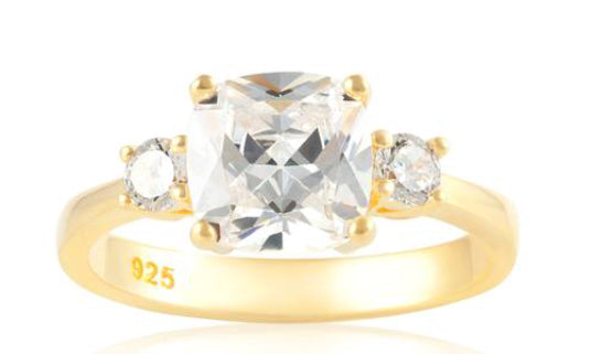 Cushion Cut Trilogy Ring Meghan Markle Gold - www.sparklingjewellery.com