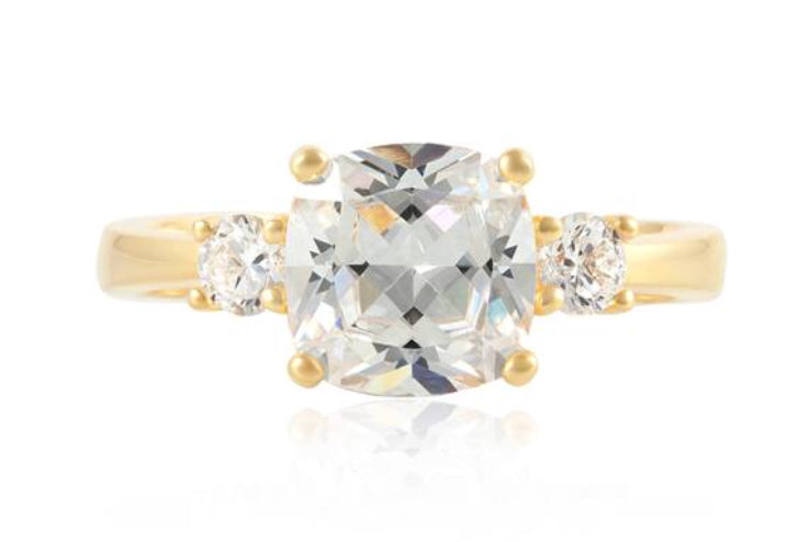 Cushion Cut Trilogy Ring Meghan Markle Gold - www.sparklingjewellery.com