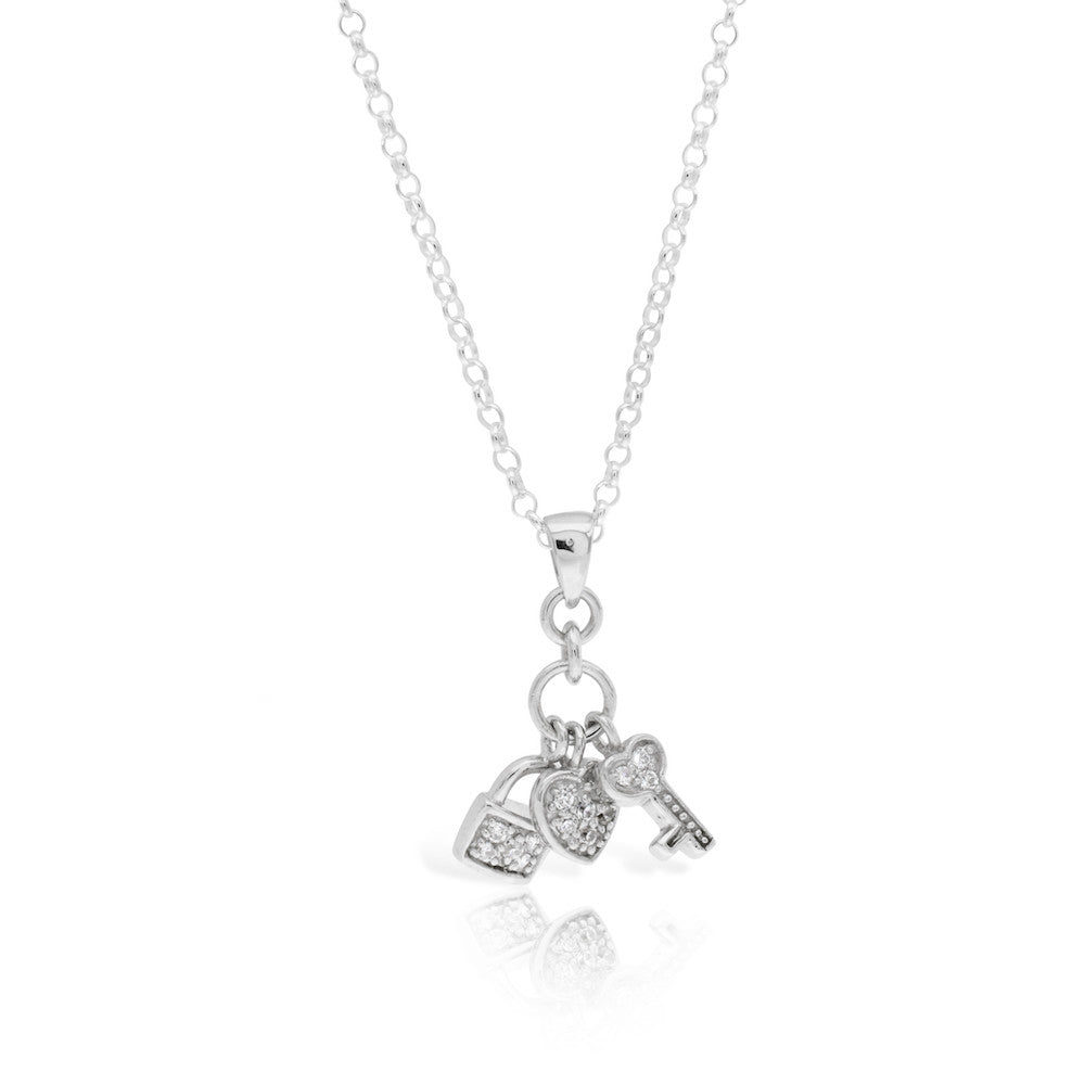 Heart Padlock with Key CZ Pendant - www.sparklingjewellery.com