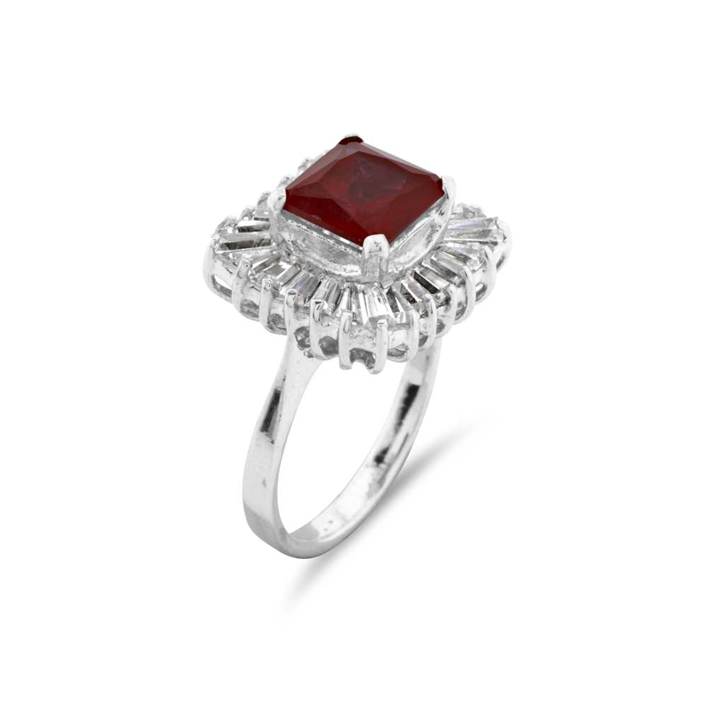 Ruby and Baguette Cut Cocktail Silver Ring - www.sparklingjewellery.com