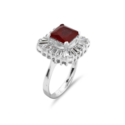 Ruby and Baguette Cut Cocktail Silver Ring - www.sparklingjewellery.com