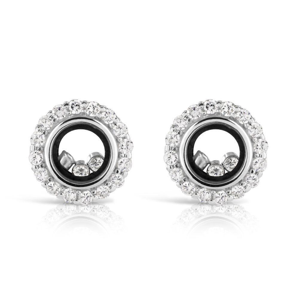 Floating Happy Diamond Halo Silver Earrings - www.sparklingjewellery.com