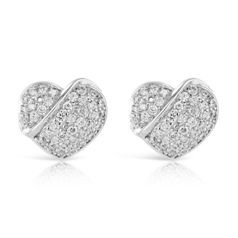 Silver Pave Heart Stud Rings - www.sparklingjewellery.com