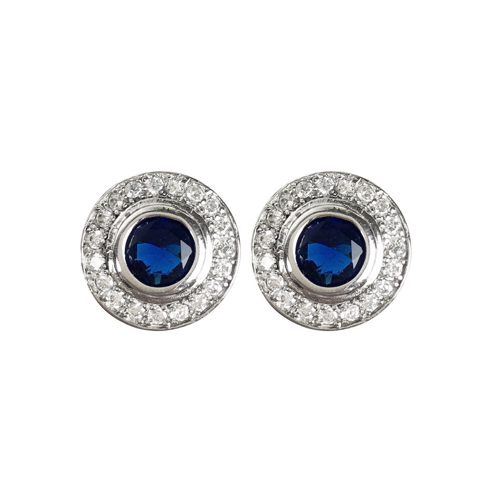 Sapphire Blue Silver Halo Circle Earrings - www.sparklingjewellery.com