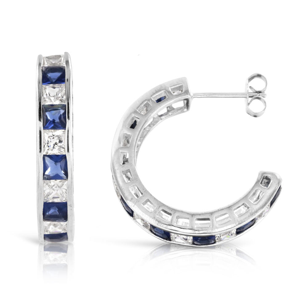 Sapphire Blue and Diamond Silver Half Hoop Earrings - www.sparklingjewellery.com