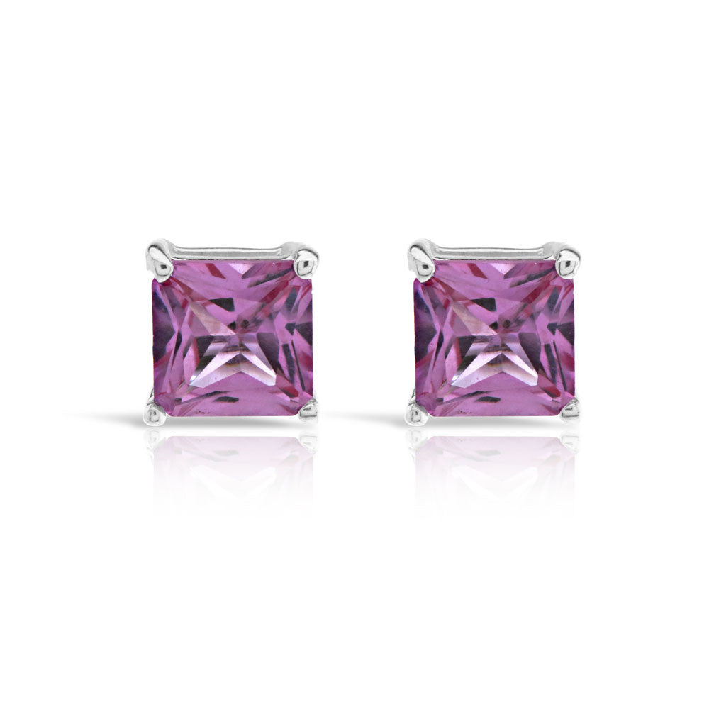 Pink Princess Cut Silver Stud Earrings - www.sparklingjewellery.com