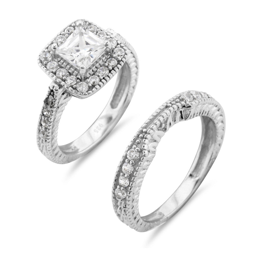 Princess Cut Vintage Art Deco Wedding and Engagement Ring Set - www.sparklingjewellery.com