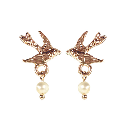 Rose Gold or Silver Bird with Pearl Earrings - www.sparklingjewellery.com