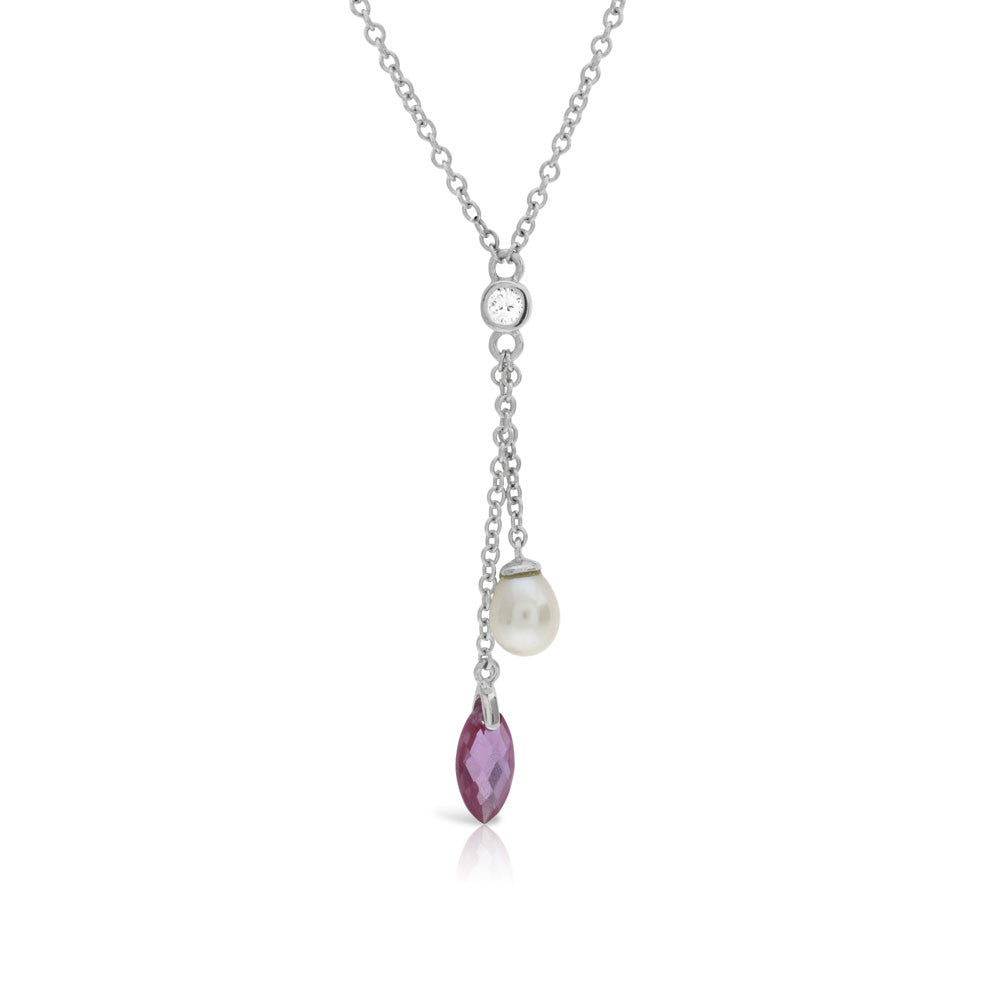 Pink Sapphire and Pearl Bridal Silver Necklace - www.sparklingjewellery.com