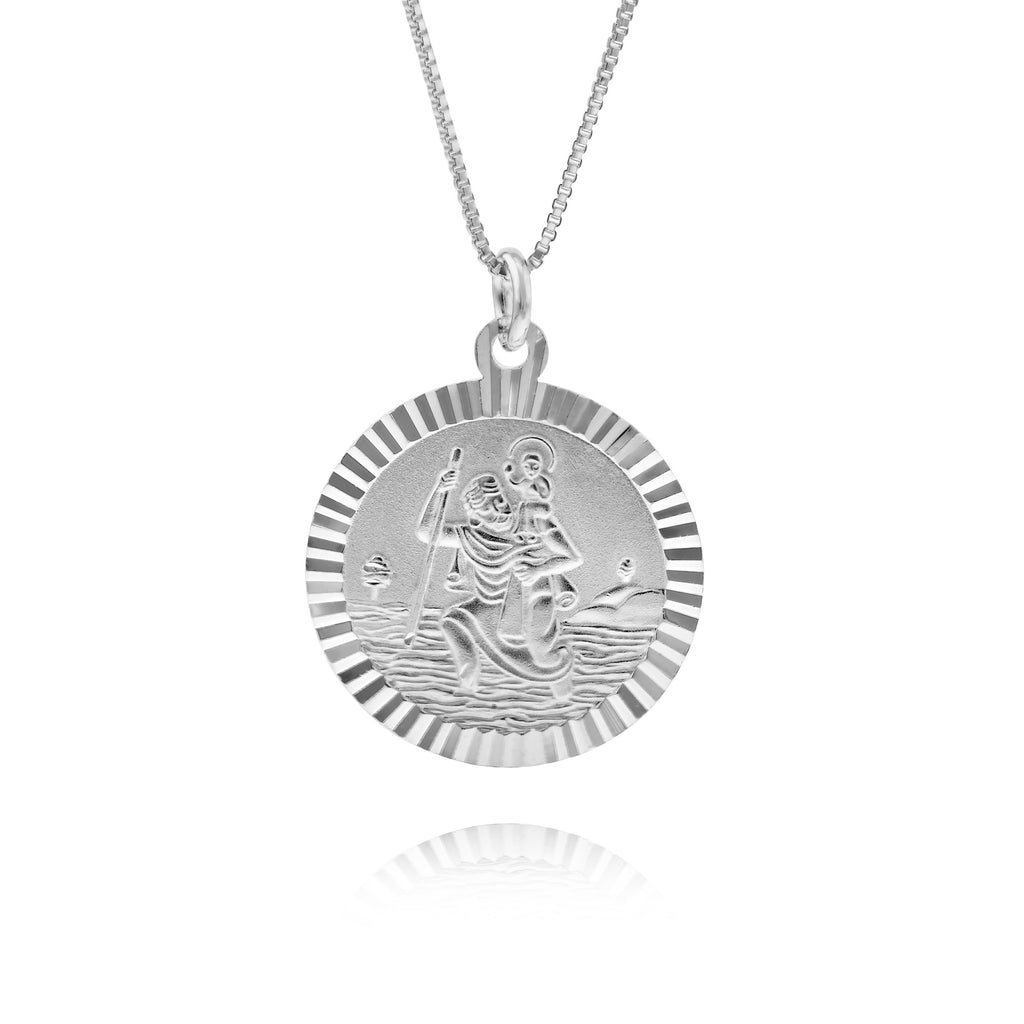 Silver Scalloped Edge St Christopher Necklace - www.sparklingjewellery.com