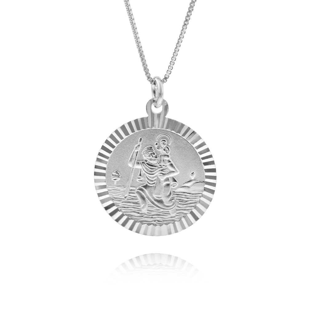 Silver Scalloped Edge St Christopher Necklace - www.sparklingjewellery.com
