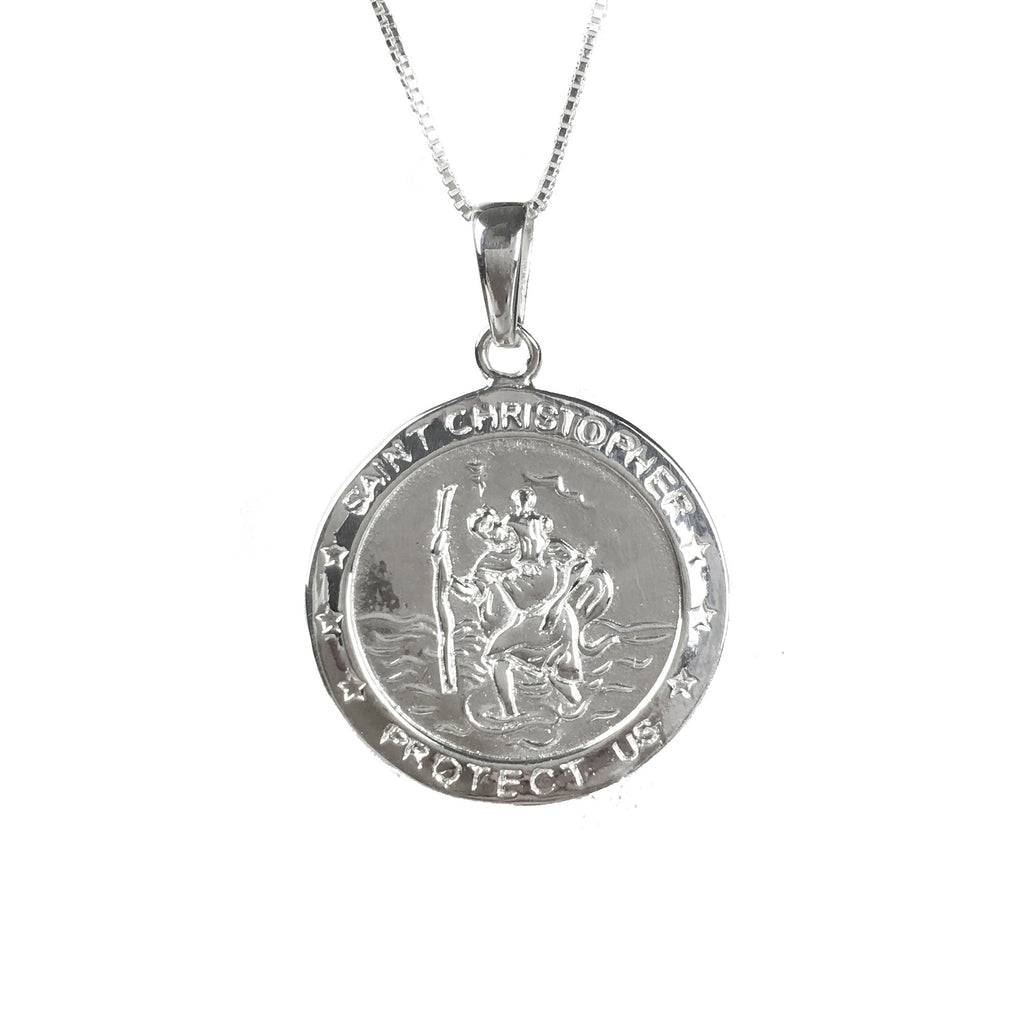 Sterling Silver Round St Christopher Necklace - www.sparklingjewellery.com