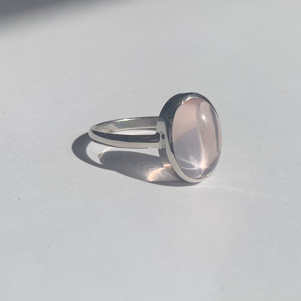 Oval Rose Quartz Cabochon Silver Ring - www.sparklingjewellery.com