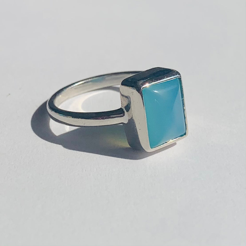 Rectangle Blue Chalcedony Cabochon Silver Ring - www.sparklingjewellery.com