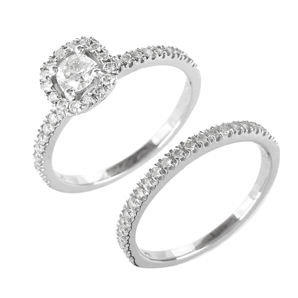 White Gold and Diamond Halo Bridal Set - www.sparklingjewellery.com
