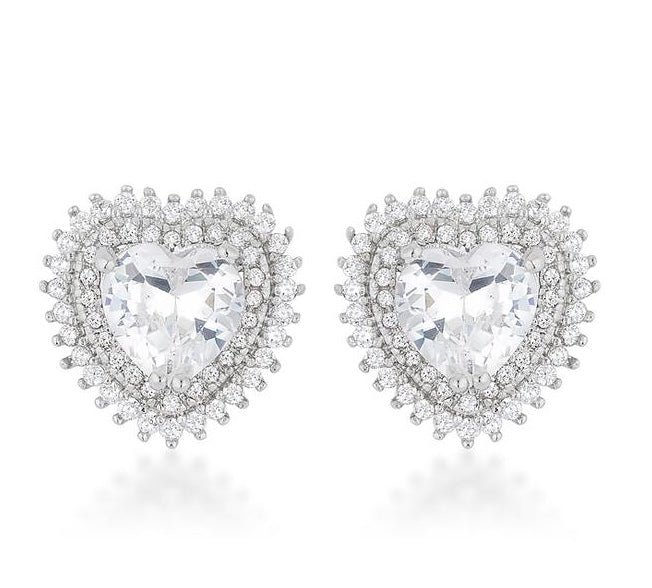 Deluxe Halo Silver Heart Earrings - www.sparklingjewellery.com