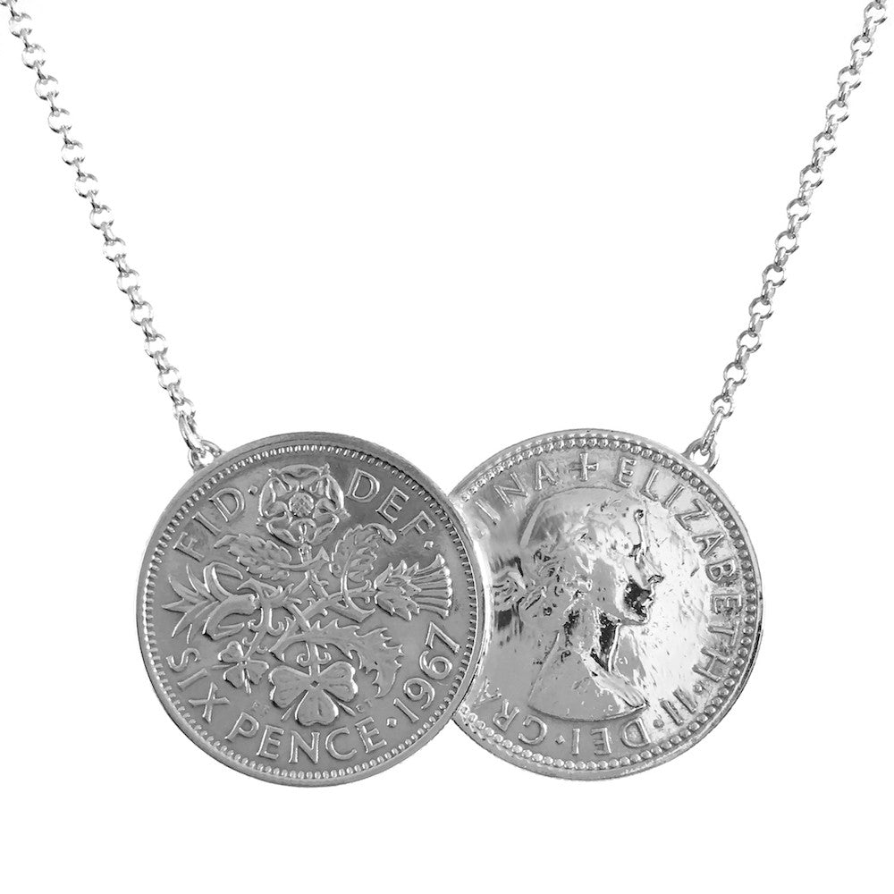 Custom Date Silver Sixpence Two Coin Holly Necklace - www.sparklingjewellery.com